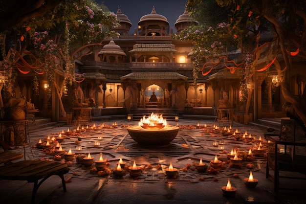 Foto eleganza del cortile diwali adornata con luce scintillante creato con intelligenza artificiale generativa