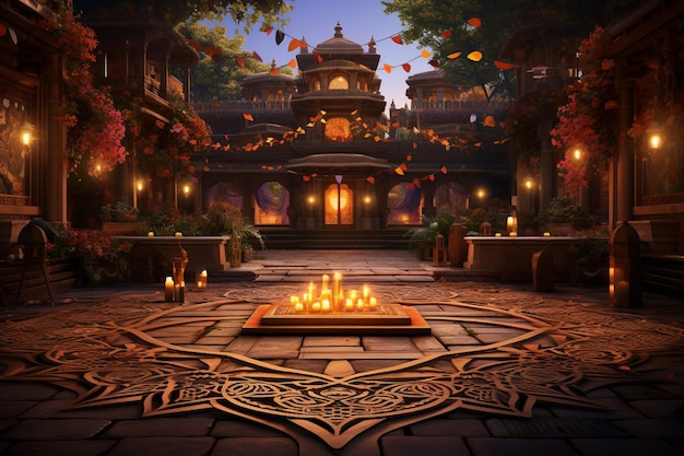 사진 generative ai로 제작된 반짝이는 빛으로 장식된 diwali courtyard elegance
