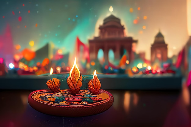 Diwali day festival Diwali lanterns background with candles and blurred lights