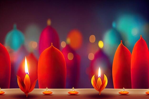 Diwali day festival Diwali lanterns background with candles and blurred lights