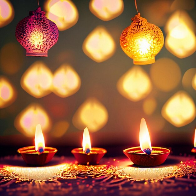 Foto festival del giorno di diwali sfondo delle lanterne di diwali con candele e luci sfocate