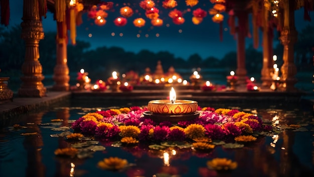 Diwali-decoratie met diya-lamp met natuurlijk uitzicht zoals vijver en tempel