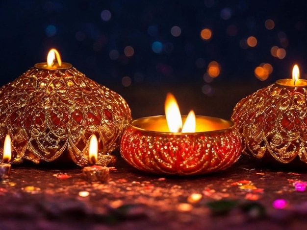 Diwali deepavali or dipavali the festival of lights india with gold diya on podium patterned and c