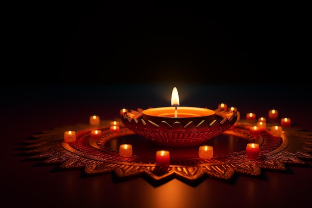 Photo diwali or deepavali festival candles on in dark night background