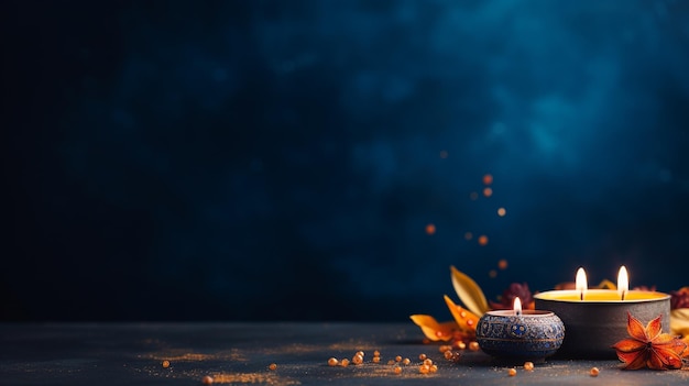 ディワリ (Diwali) はインドの祝祭で光の勝利を象徴する光の祭りです ろうそくランプカラフルなバナーコピースペースポスター挨の背景