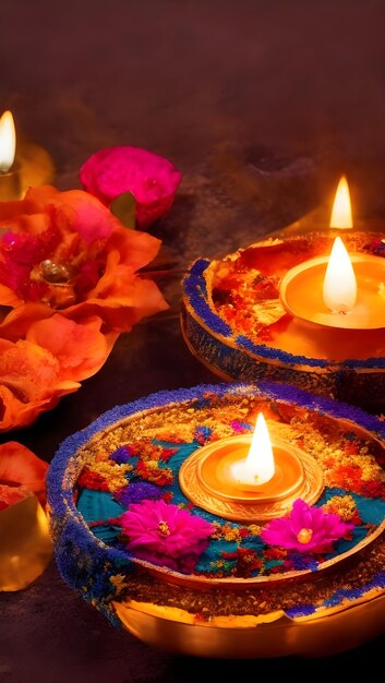 Photo diwali or deepawali glowing diya lamps