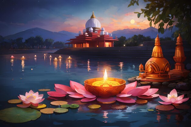 Photo diwali design with lotus diya and river with light reflection and beautiful indian temple and trees