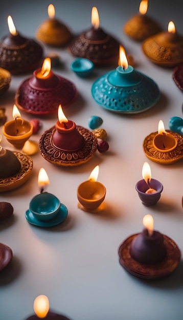 Diwali diya lamps lit in colorful diya Hindu festival of lights