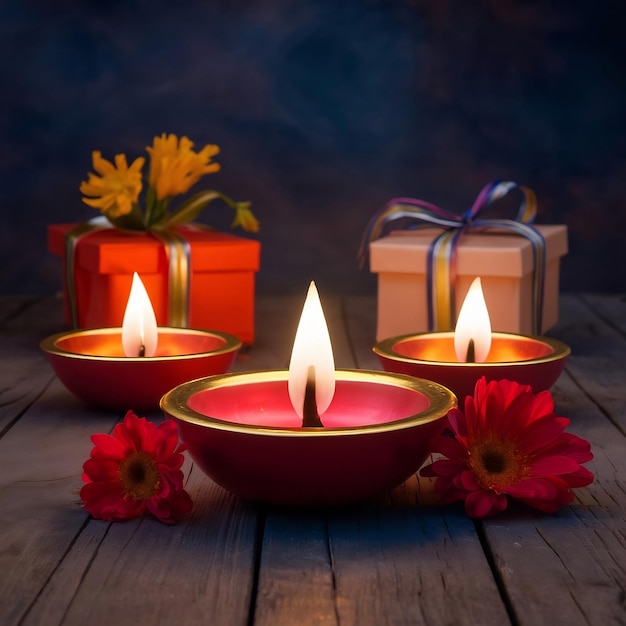 Diwali diya or lighting in the night with gifts flowers over moody scene