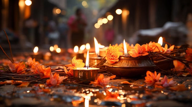 Diwali Diya or oil lamp on Indian festival of lights and decoration