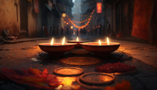 Photo diwali diya or oil lamp on indian streets festival of lights generative aixaxa