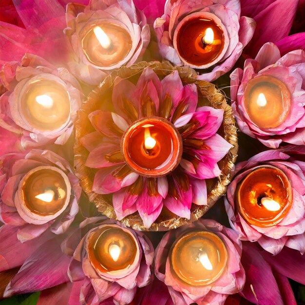 Foto diwali diya op rode roze lotus top view achtergrond de lichten