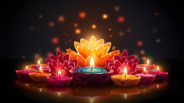 Diwali Diya with colorful Lighting created with Generative AI