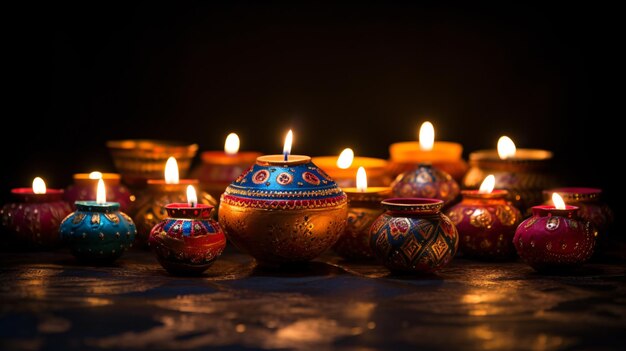 Diwali Diyas 또는 어두운 배경의 점토 램프