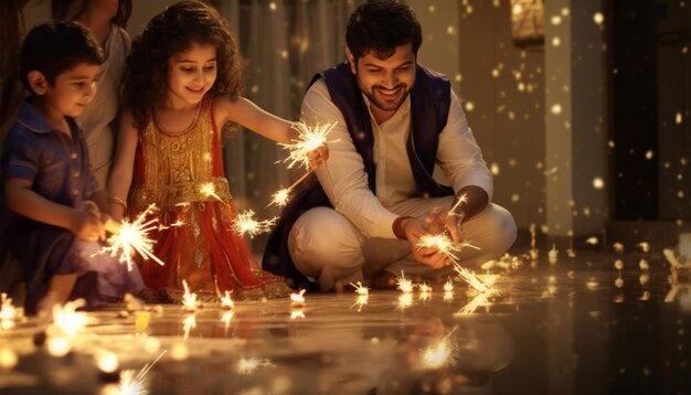 Diwali Familie speelt met sterretjes