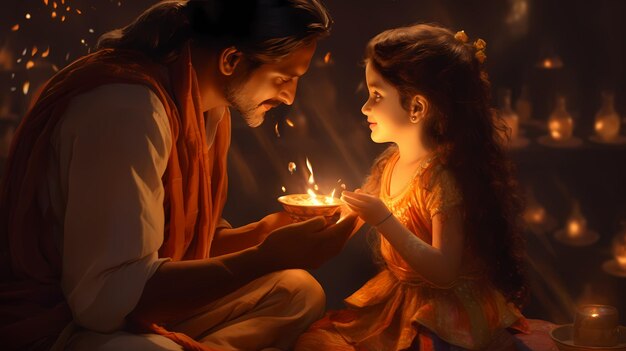 사진 <unk>불 을 들고 있는 디발리 아버지 와 자녀