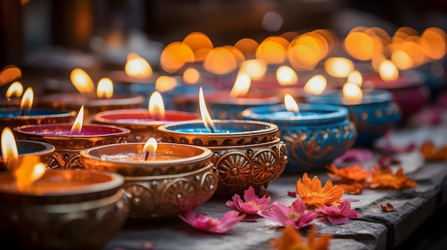 Diwali festival background Diya lamp and colorful flowers Candles lit Indian festival Copy space Generative ai