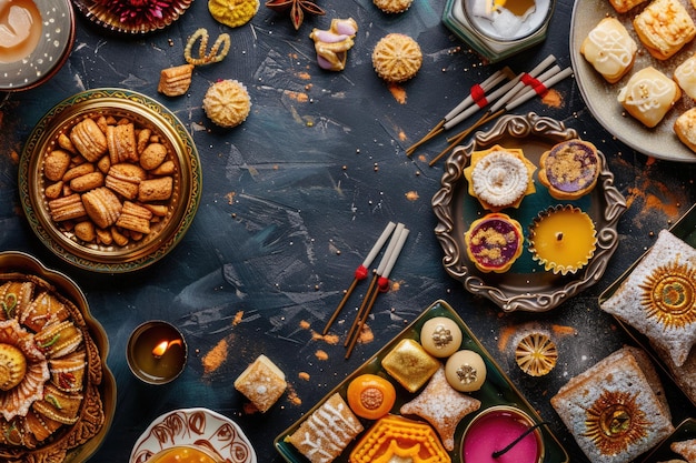 Diwali festival concept with Indian sweets and decorations