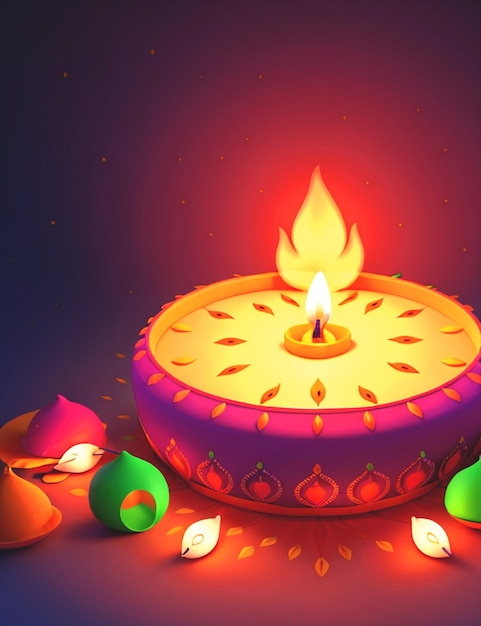 Diwali festival Diya Lamp with rangoli at the bottom burning Diya on happy Diwali holiday colorful