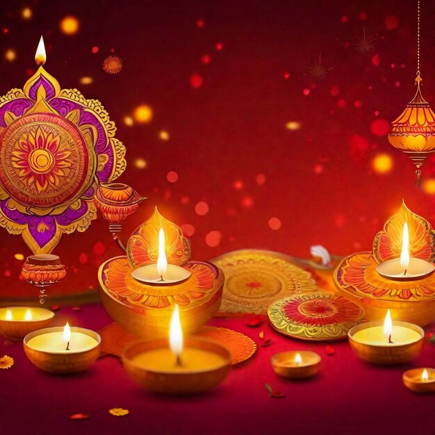 Diwali festival holiday design with paper cut style of Indian Rangoli and hanging diya oil lamp P
