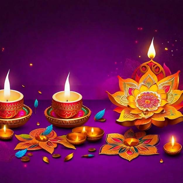 Diwali festival holiday design with paper cut style of Indian Rangoli and hanging diya oil lamp P