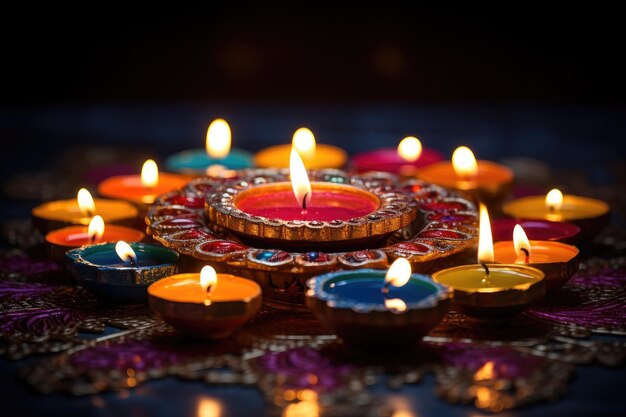 Diwali festival in India lit Diya oil lamps on rangoli Hindu tradition Happy Deepavali Space for