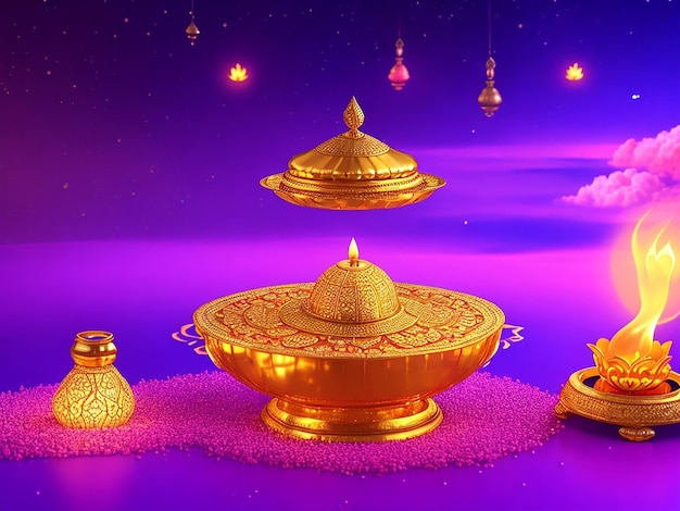 インドの光沢のある金色の装飾的なオイルランプを使用したディワリ光の祭典 3D シーン