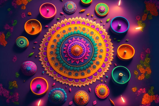 Diwali festival of lights holiday design with Indian Rangoli mandala Purple yellow colors