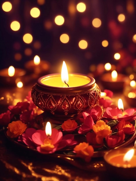 Diwali festival of lights home decorated with artificial lights lamps and artificial flowers Generative AI
