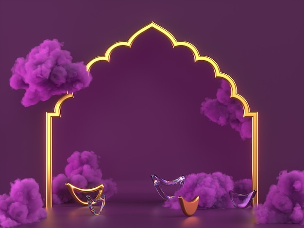 Photo diwali, festival of lights podium scene with 3d indian rangoli, glossy and golden decorative diya oil lamp, purple clouds. 3d rendering illustration.