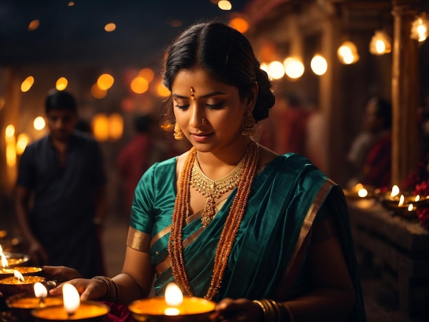 Diwali Festival of Lights Woman Admiring Burning Oil Lamps in Traditional Dress