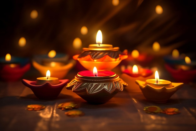 Diwali festival poster DIwali holiday shiny background with diya lamps and rangoli Vector illustra