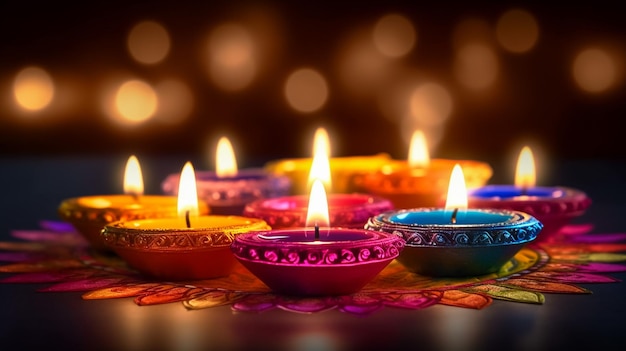 디왈리 축제 포스터 디왈리 휴일 빛나는 배경에는 디야 램프와 랑골리 벡터 일러스트레이션이 포함되어 있습니다.