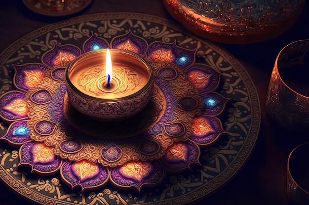 Diwali-festival van lichtvakantieontwerp met Indiase Rangoli-mandala en Diya-olielamp