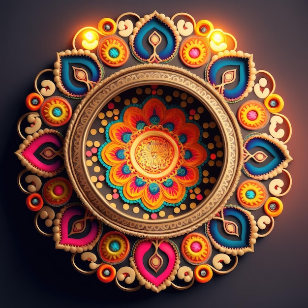 Diwali-festival van lichtvakantieontwerp met Indiase Rangoli-mandala Paarsgele kleuren