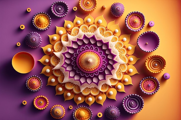 Diwali-festival van lichtvakantieontwerp met Indiase Rangoli-mandala Paarsgele kleuren