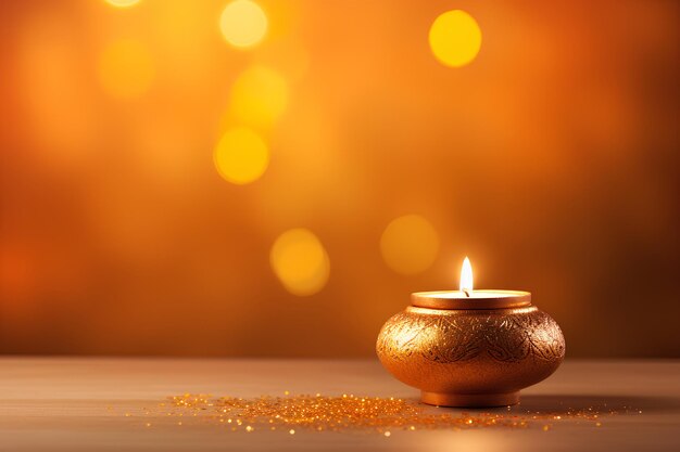 Diwali festival with a lamp sitting lit on golden