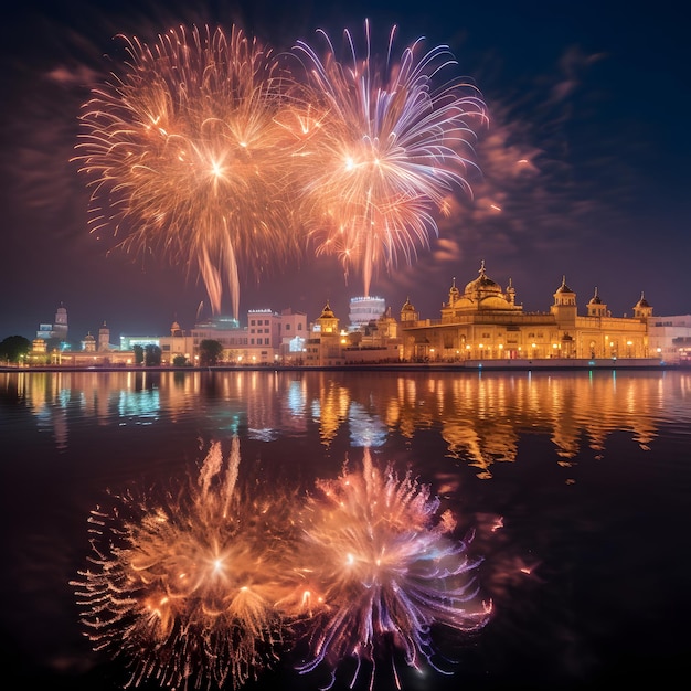 Premium AI Image A Diwali fireworks display over the holy city of