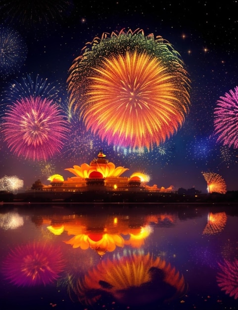 A Diwali fireworks display with a kaleidoscope of colors lighting up the night sky