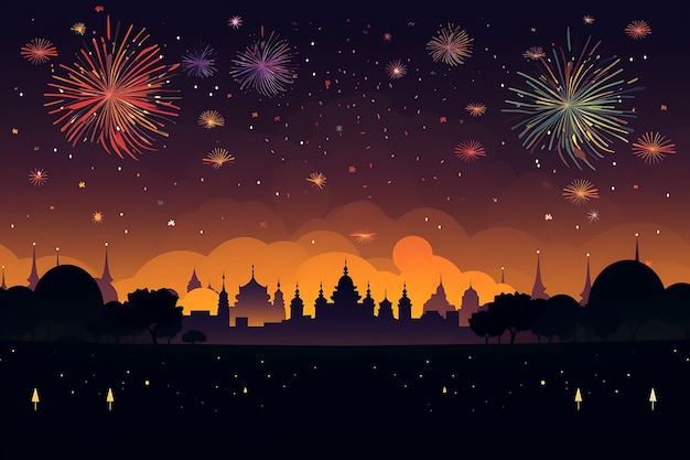 Diwali fireworks lighting up the night sky in Minimalist Illustration