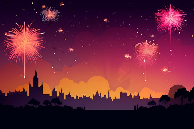 Diwali fireworks lighting up the night sky in Minimalist Illustration