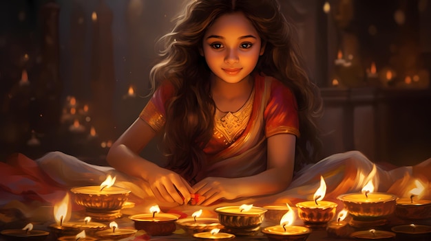 Foto ragazza di diwali con le candele
