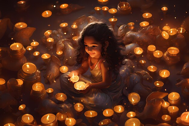 Foto ragazza di diwali con le candele