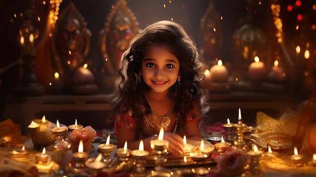 Foto ragazza di diwali con le candele