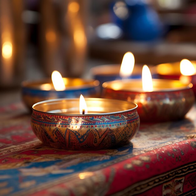 Diwali Happy diwali festival Colorful clay diya lamps with flowers on purple background Oil lamps