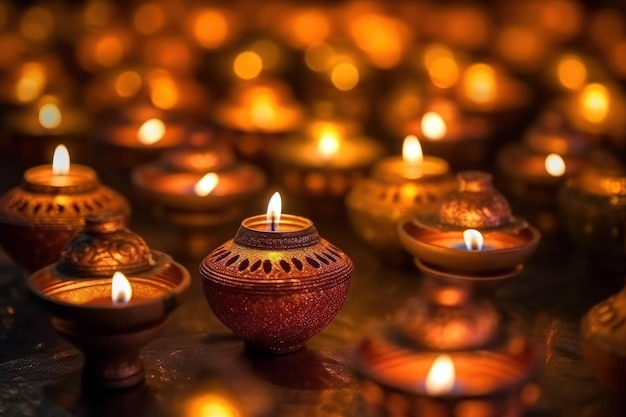 Diwali Hindu Festival of lights celebration Burning diya lamps and women making rangoli