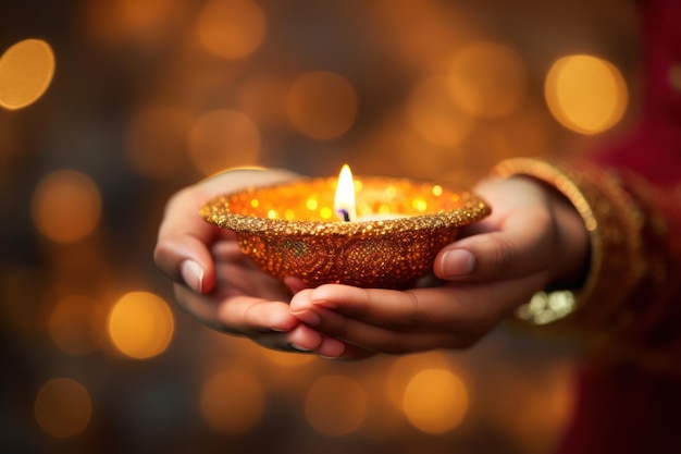 Diwali Hindu Festival of lights celebration Diya lamp in woman hands close up