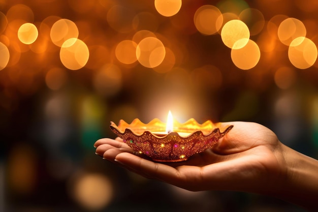 Diwali Hindu Festival of lights celebration Diya lamp in woman hands close up