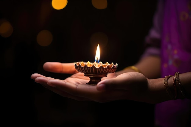 Diwali Hindu Festival of Lights 축하 Diya 오일 램프가 여성 손에 켜짐 AI 생성