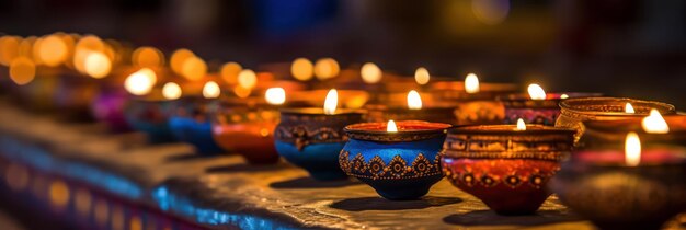Diwali Hindu Festival van lichten viering Brandende diya lamp close-up bokeh lichten achtergrond